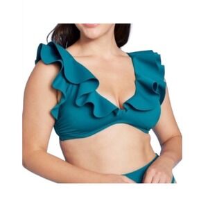 Shade & Shore Bikini Swim Top Teal Blue Ruffle V-Neck Beach Pool Size 34C New
